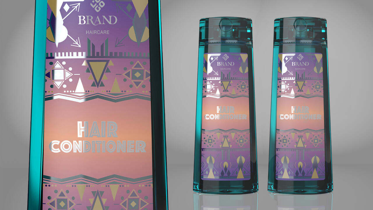Three hair care bottles with violet geometric pattern design, realized in cold transfer for web-fed printing