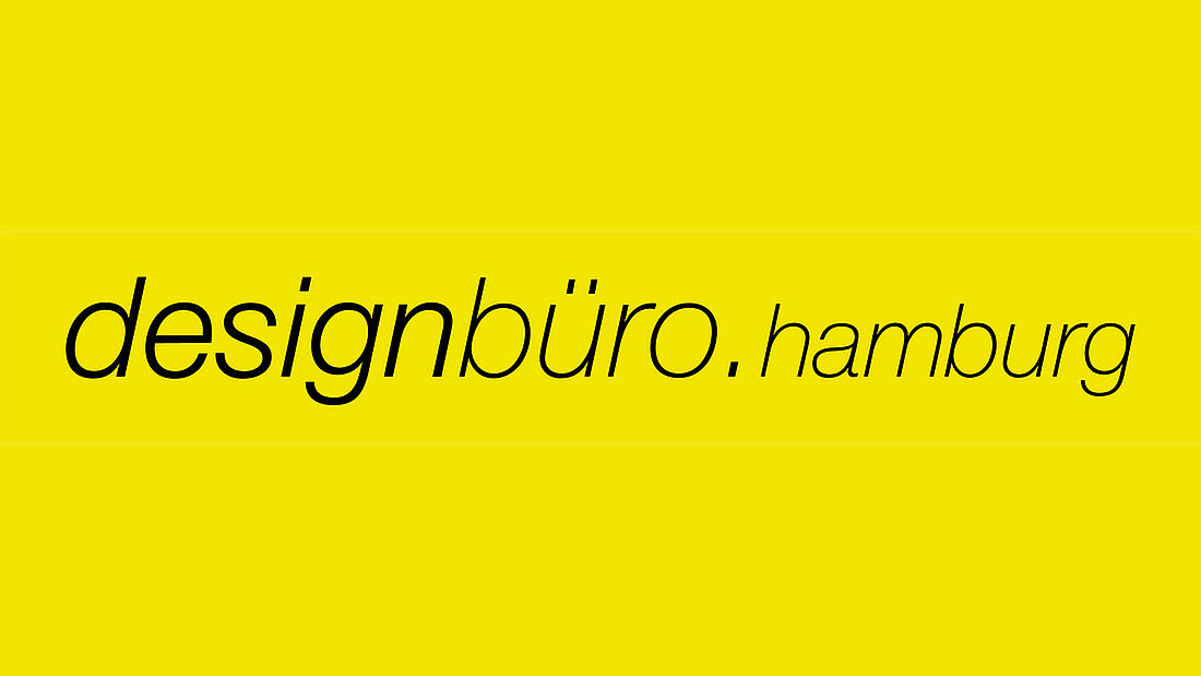 Logo von Designbüro Hamburg, schwarze, kursive Schrift auf gelbem Hintergrund