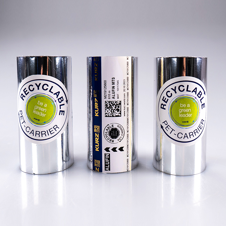 Three hot stamping foils with “recyclable PET carrier” labels