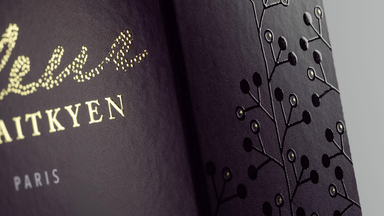 Real tactile surfaces without embossing: DM-MAXLINER Packaging close-up with tactile dot varnish in violet and gold letters, realized with digital metallization