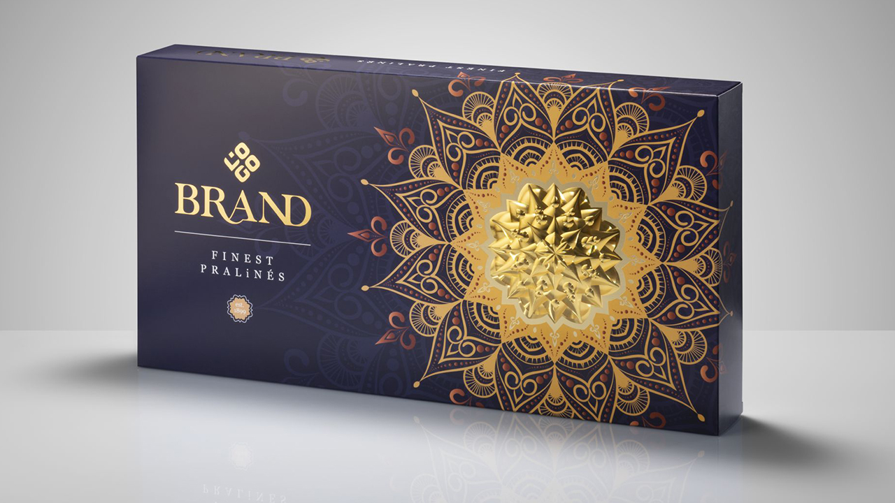 Hot stamping ranks you #1 at the POS Violet packaging with oriental flower design in gold hot stamping
