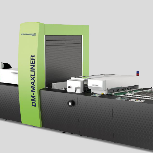 Darstellung einer grünen und anthrazitfarbenen Digitaldruckmaschine mit der Aufschrift DM-MAXLINER