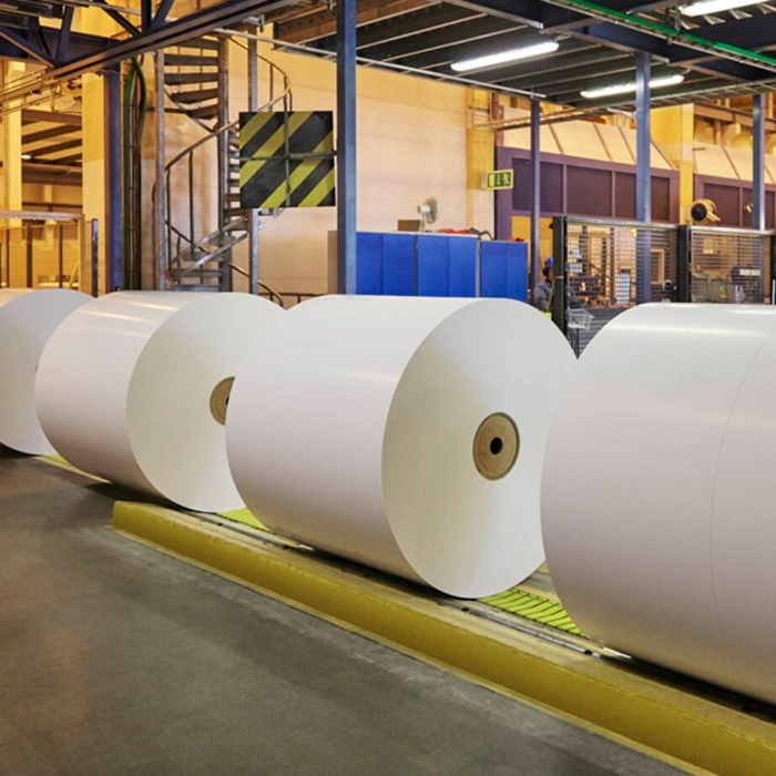 Photo of large white paper rolls in a printing press, being transported by a conveyor belt