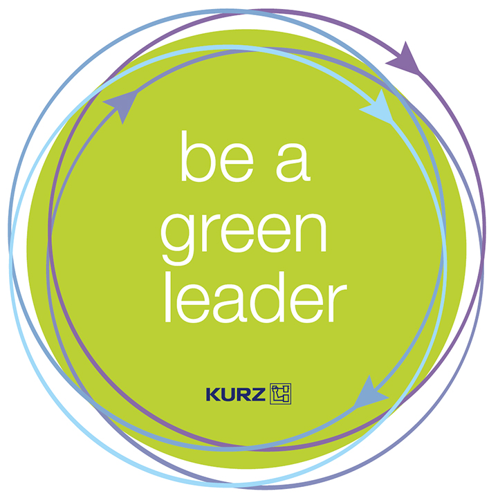 Graphic, green circle, surrounding arrows in blue and purple, lettering 'be a green leader', KURZ logo