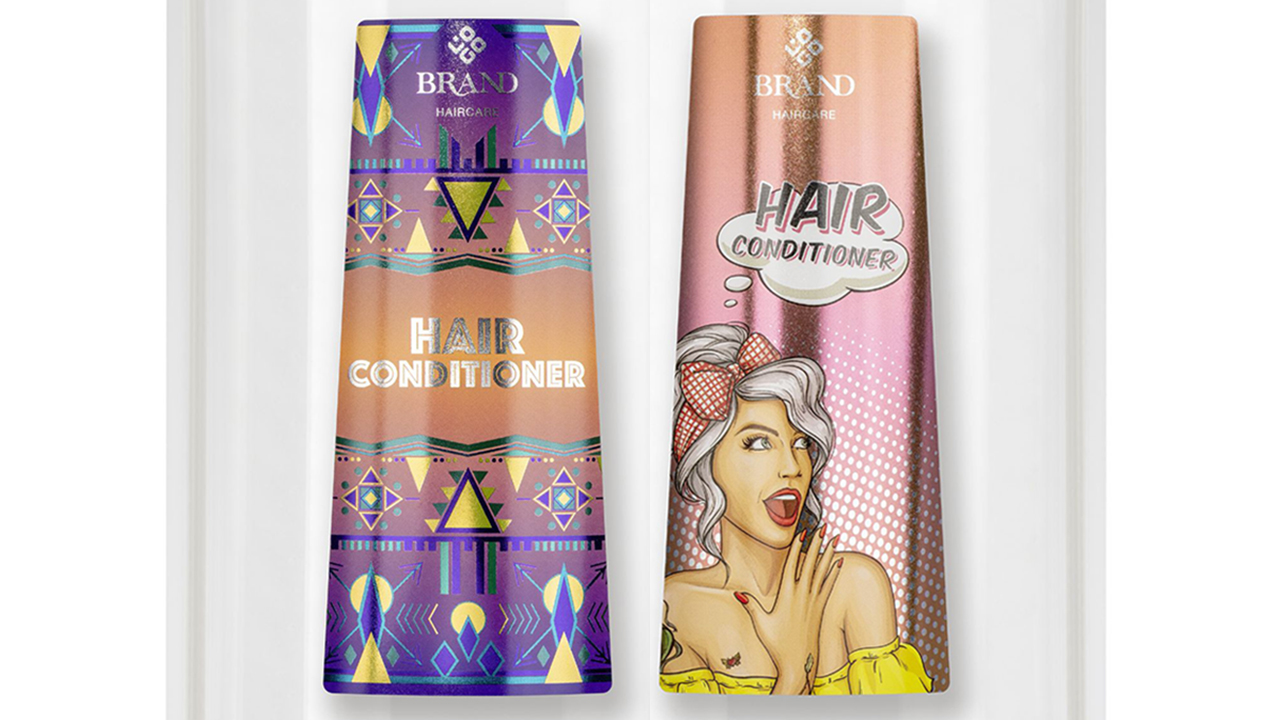 Two bottles with sparkling labels with geometric patterns and pop art girl